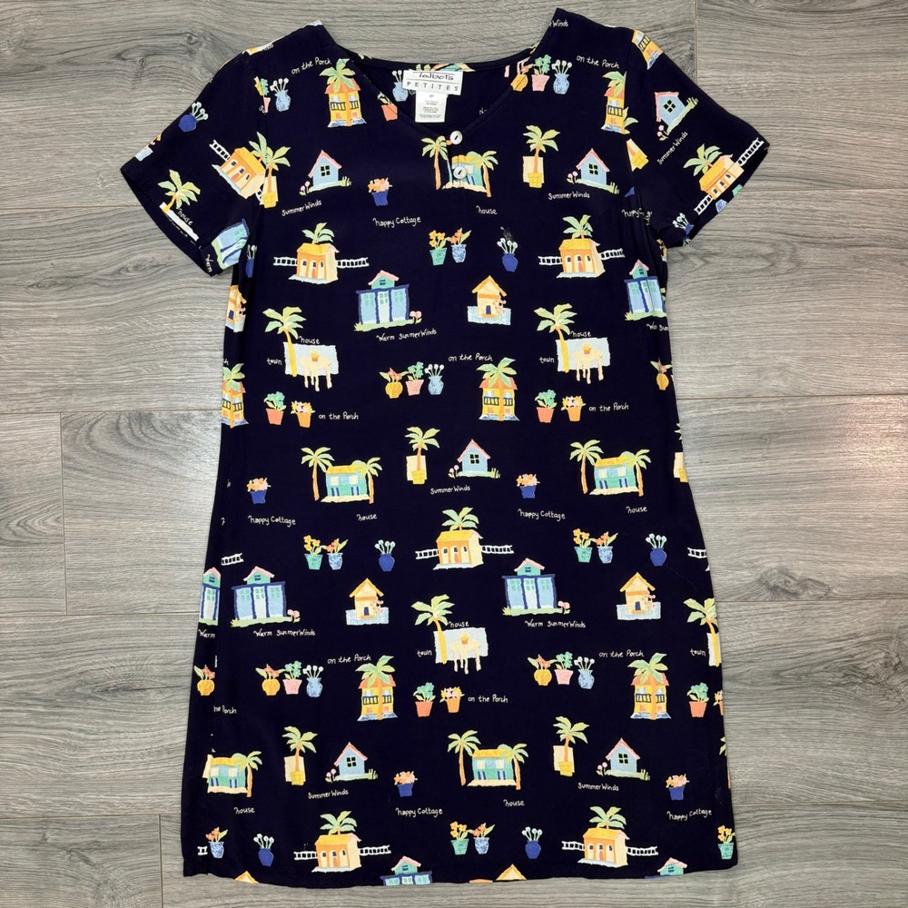 Vintage Talbots Petites Navy Beach Cottagecore Novelty Rayon Shift Dress Size 8P